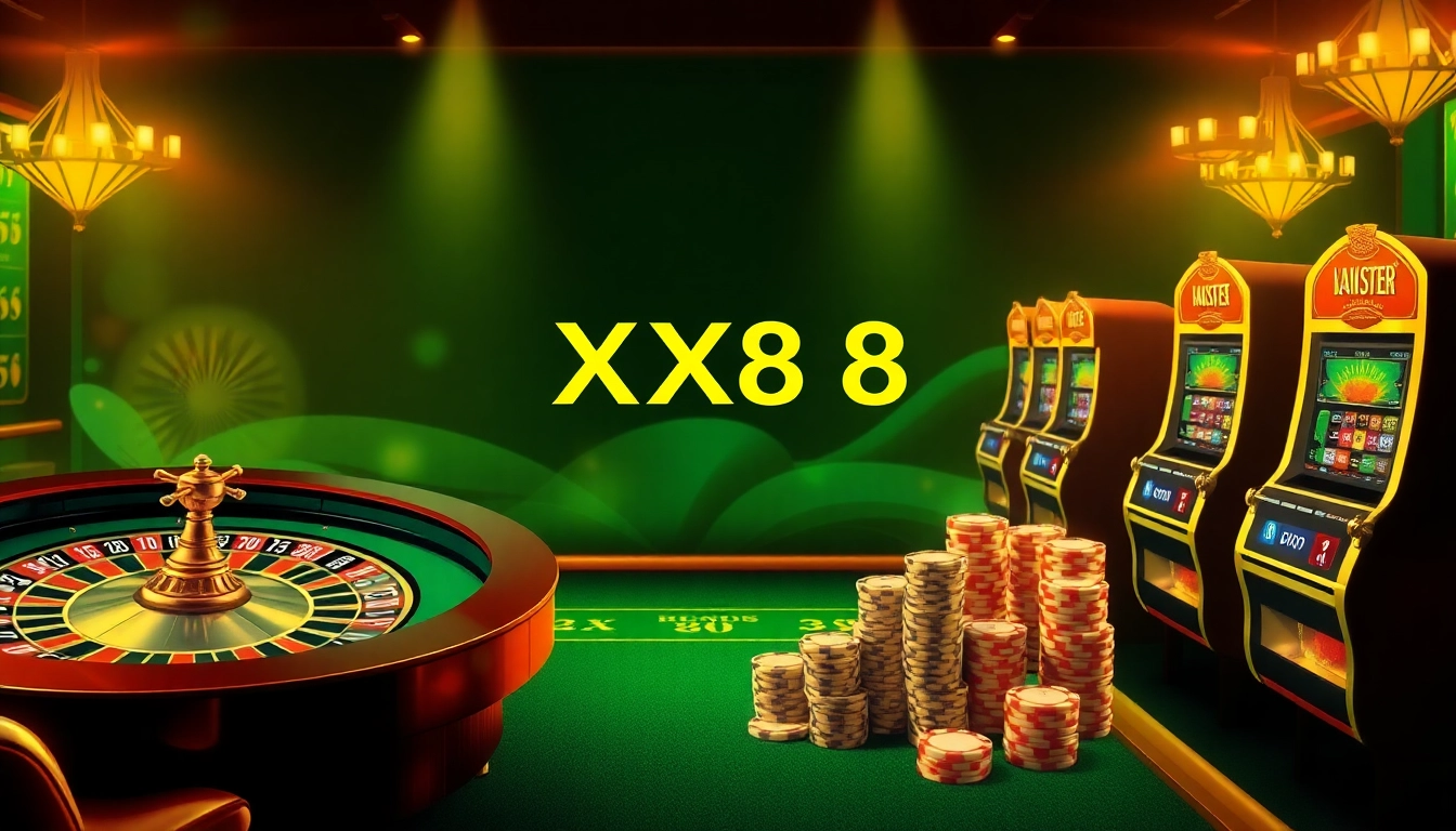 Experience the thrill of gambling at XX88 with vibrant poker chips and a roulette wheel.