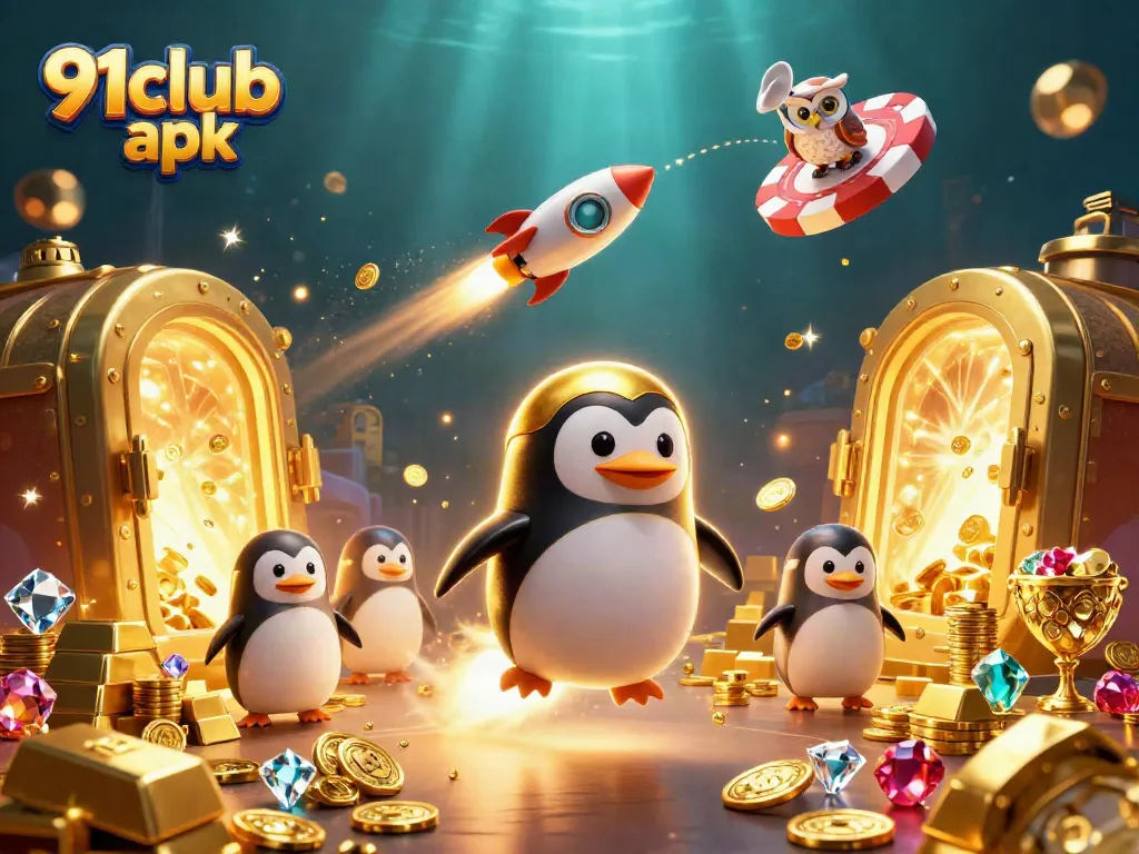 Play exciting games on 91club apk with a vibrant casino-themed illustration featuring treasure and characters.