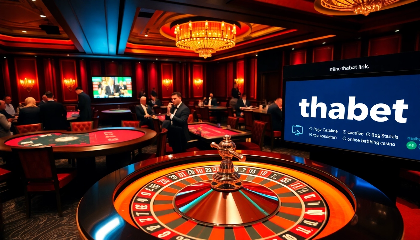 Experience the thrill of the casino with the thabet link displayed among bustling poker tables.