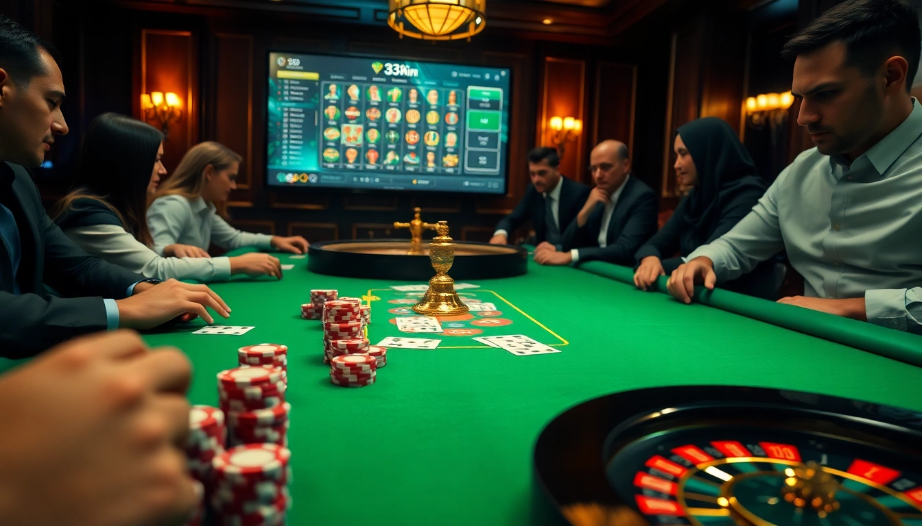 33win players enjoying a luxurious casino experience with poker and roulette.