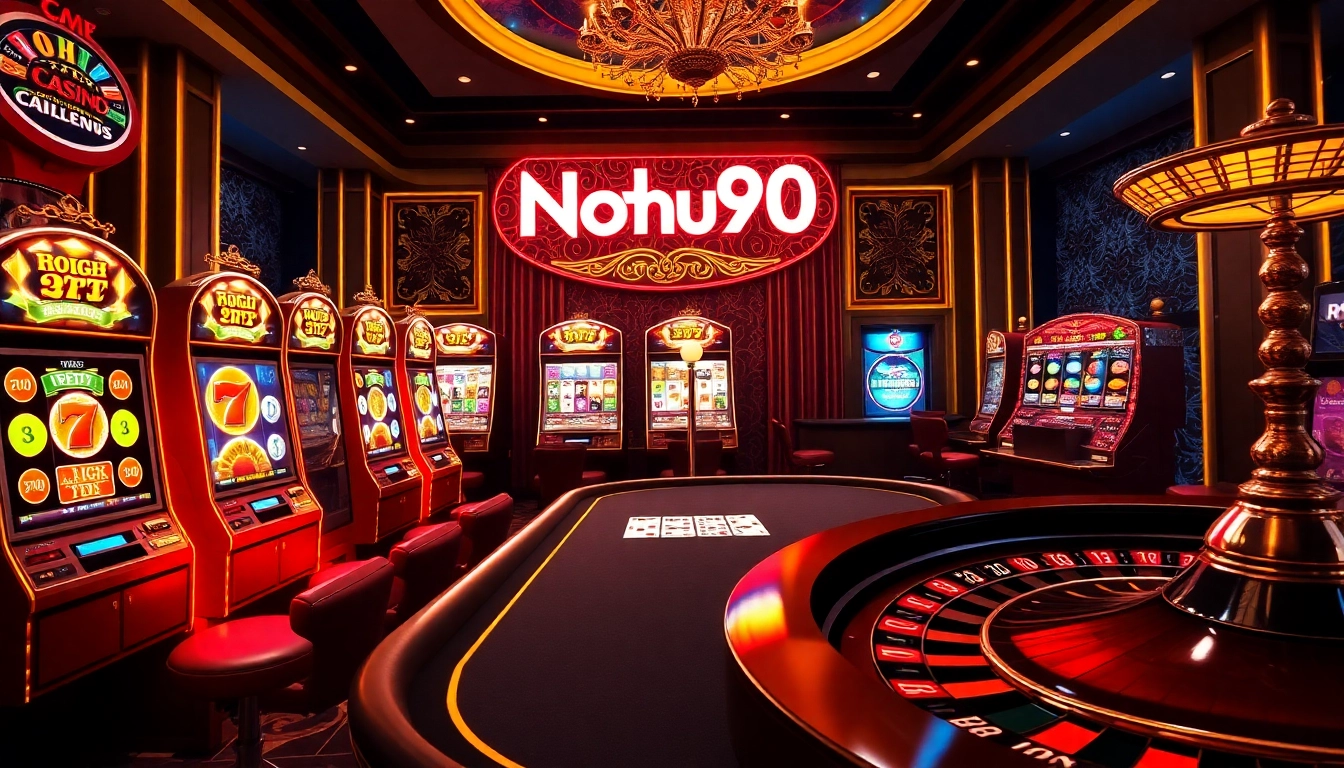 Nohu90 slot machines and professional poker table showcasing vibrant gambling excitement.