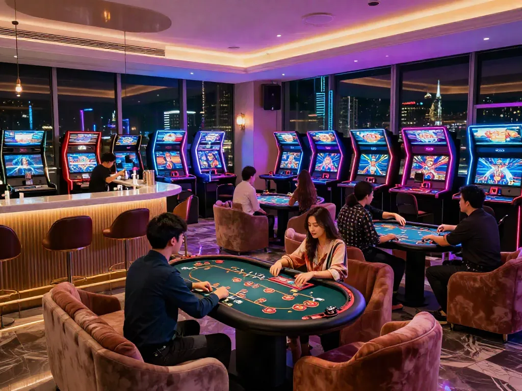 non gamstop casino vibrant gaming lounge with stylish decor and players