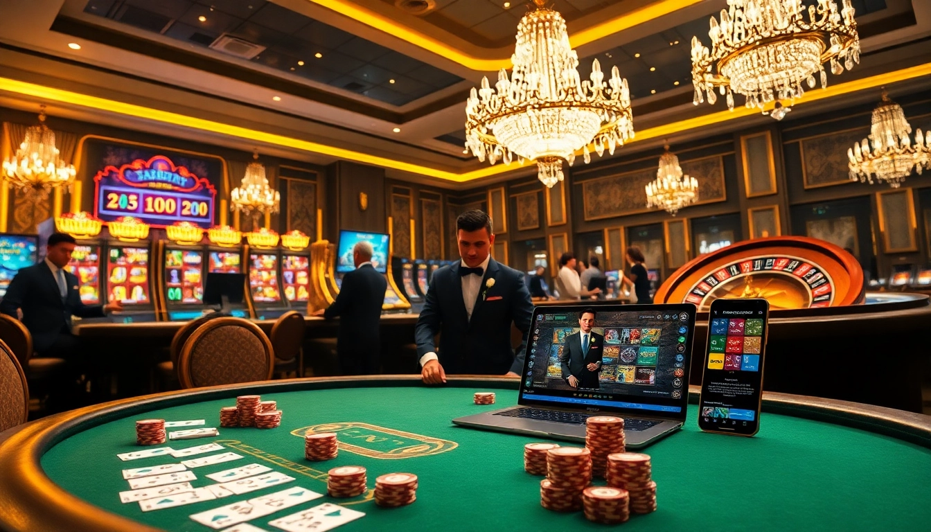 Experience the thrill of 8kbet with vibrant casino visuals, showcasing poker tables and slot machines in a luxury setting.