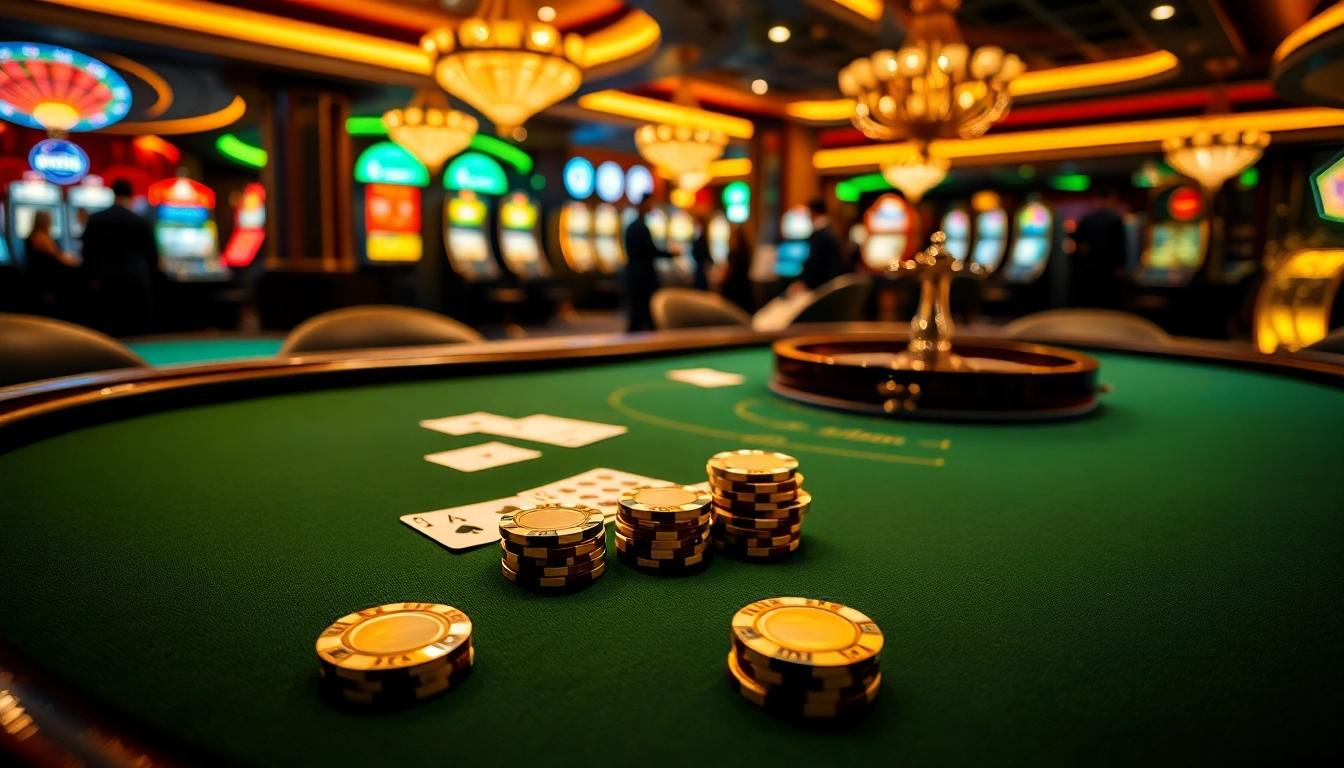 Exciting casino scene with poker table, chips, and roulette, highlighting trang chủ 33win.