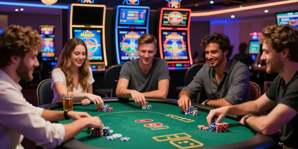 Friends enjoying games at a non GamStop casino table, vibrant atmosphere.