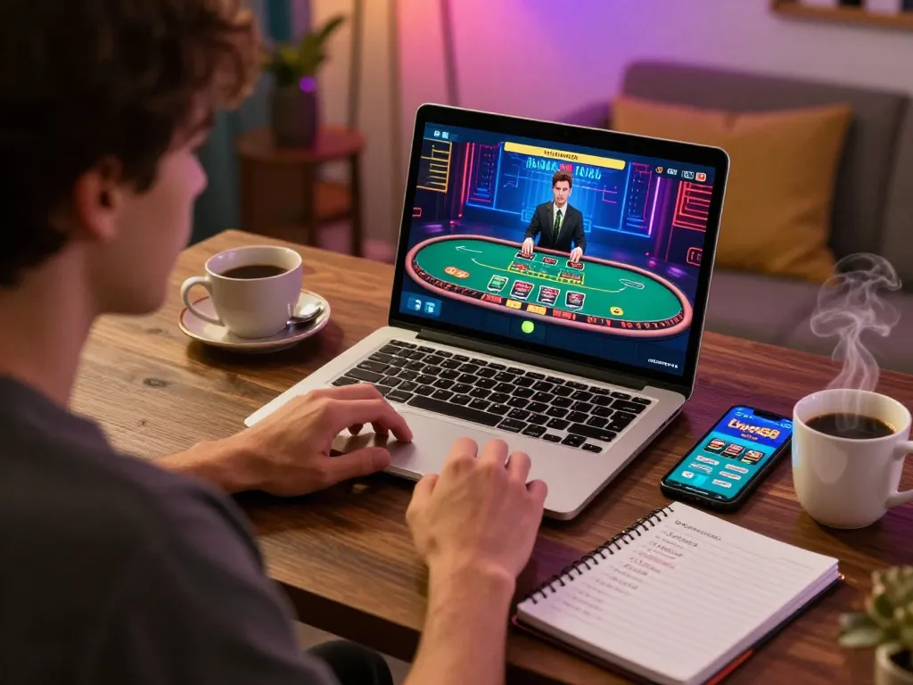 Engaged player strategizing on twin68 blackjack app at home desk.