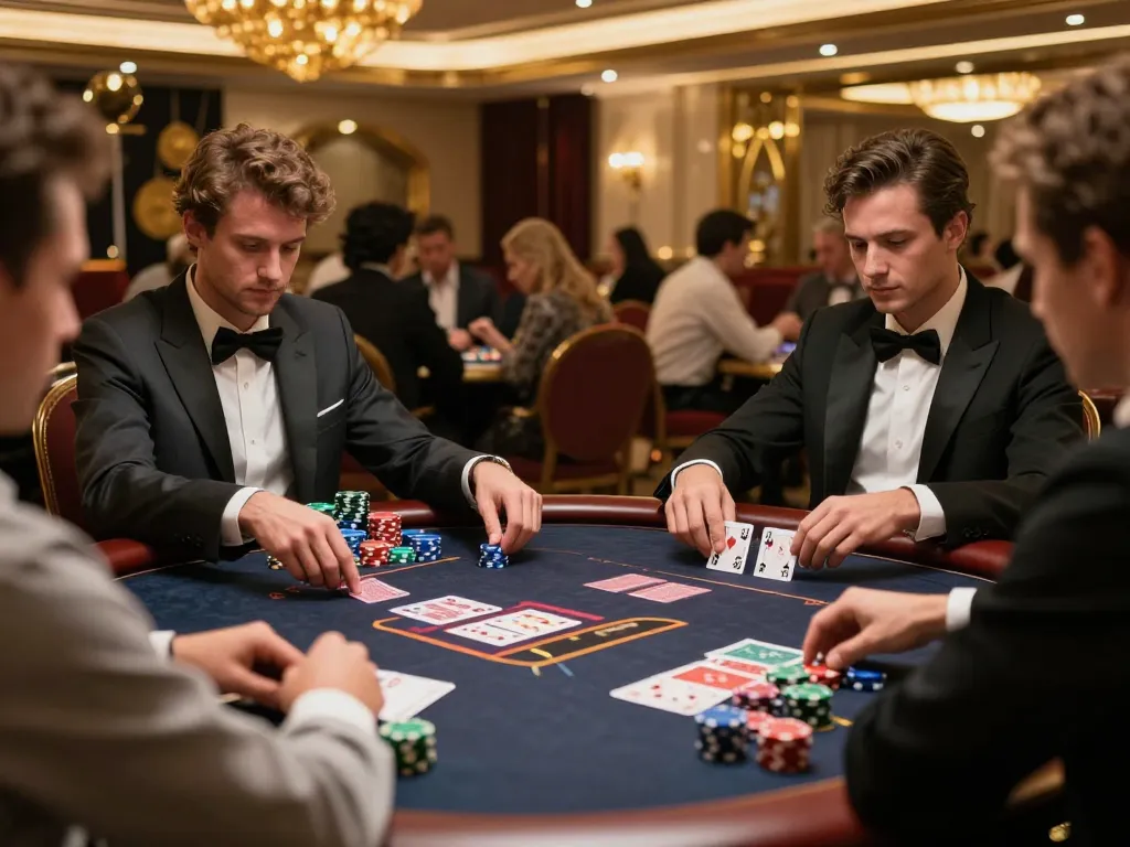 Players engage strategically at a luxurious poker table in nhà cái gg88 casino.