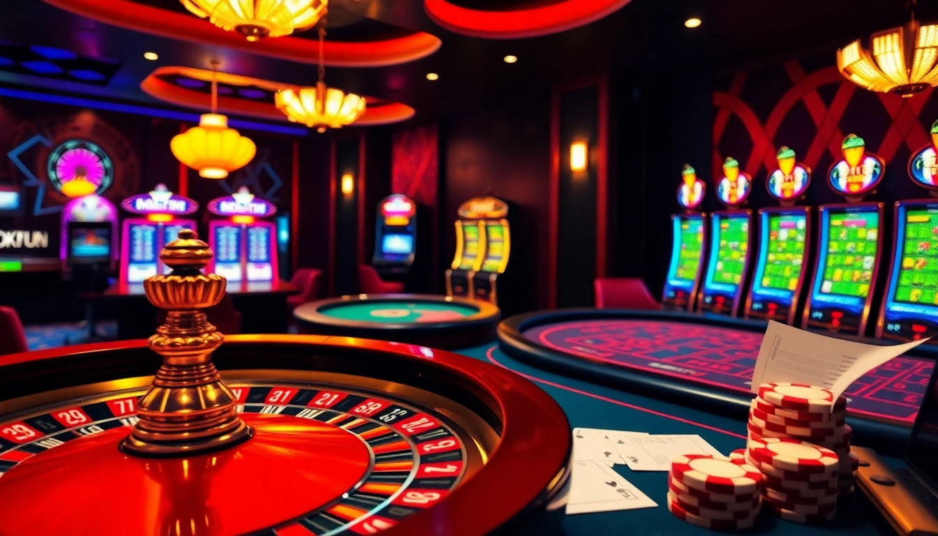 Action-packed betting scene at OKFUN Casino with vibrant tables and thrilling slot machines.