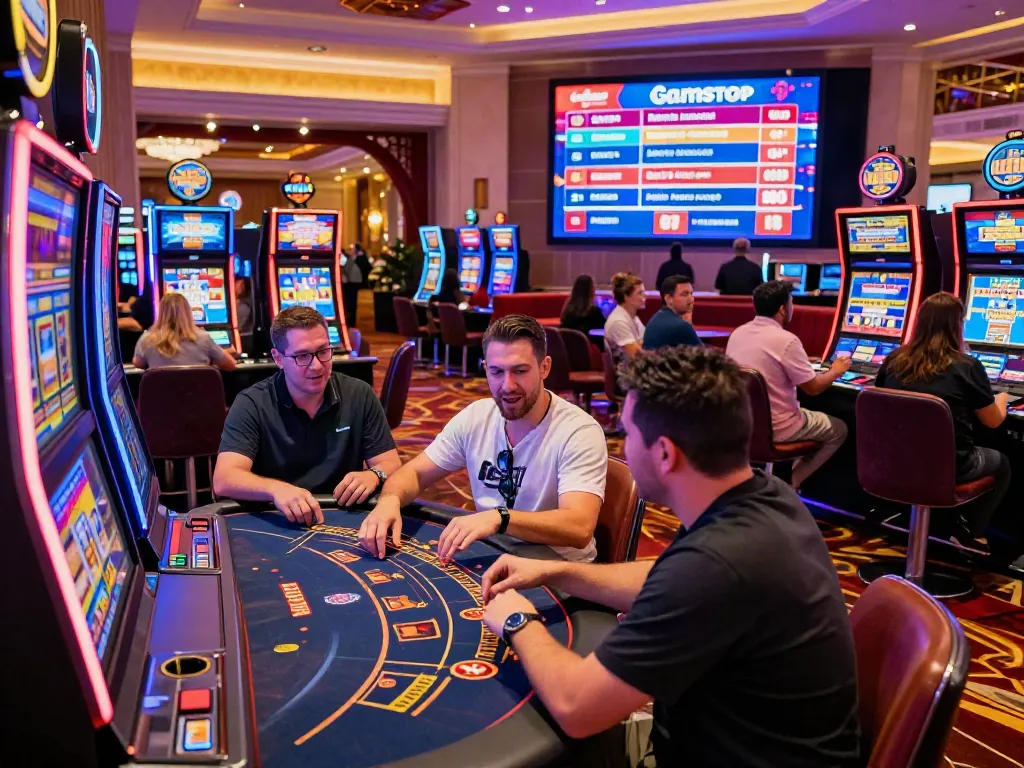Dynamic gaming floor at a non Gamstop casino showcasing engaged players and vibrant atmosphere.