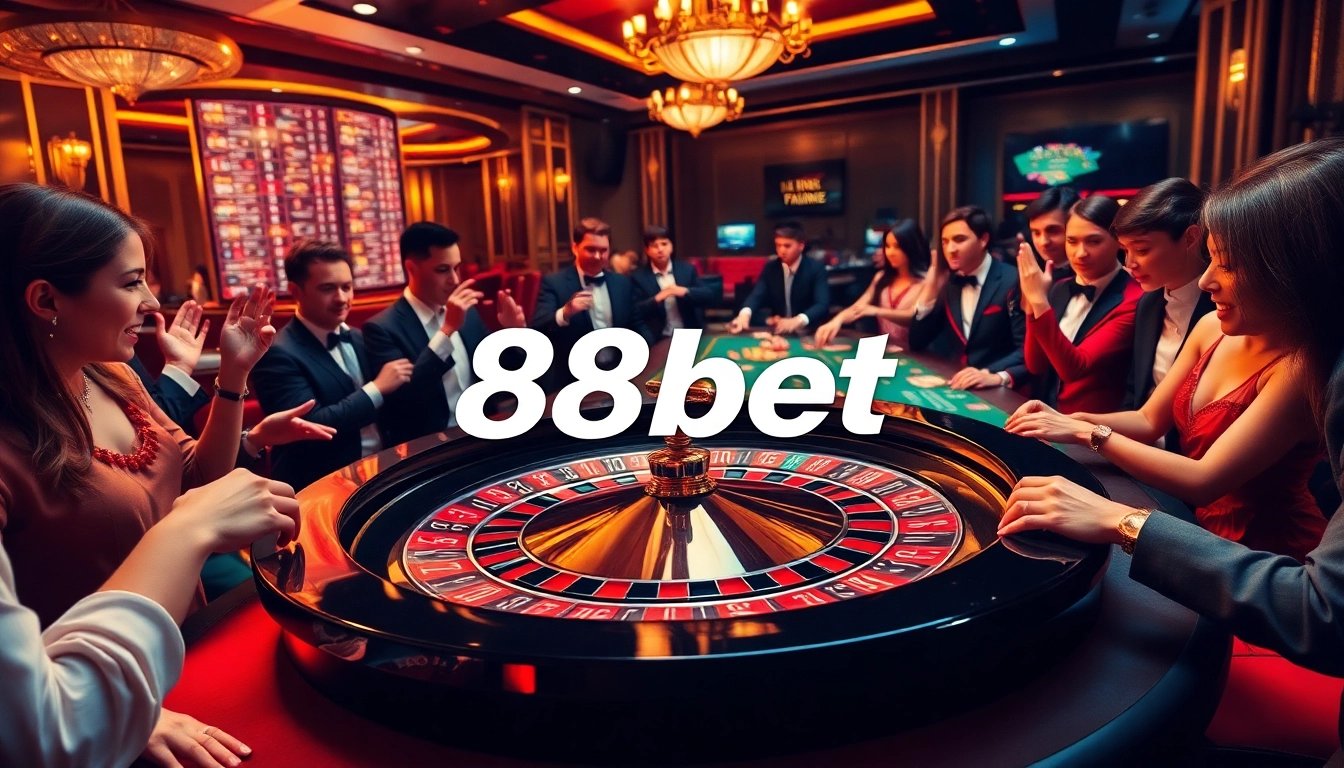 88bet players engaging in a lively game at a roulette table in a luxurious casino.