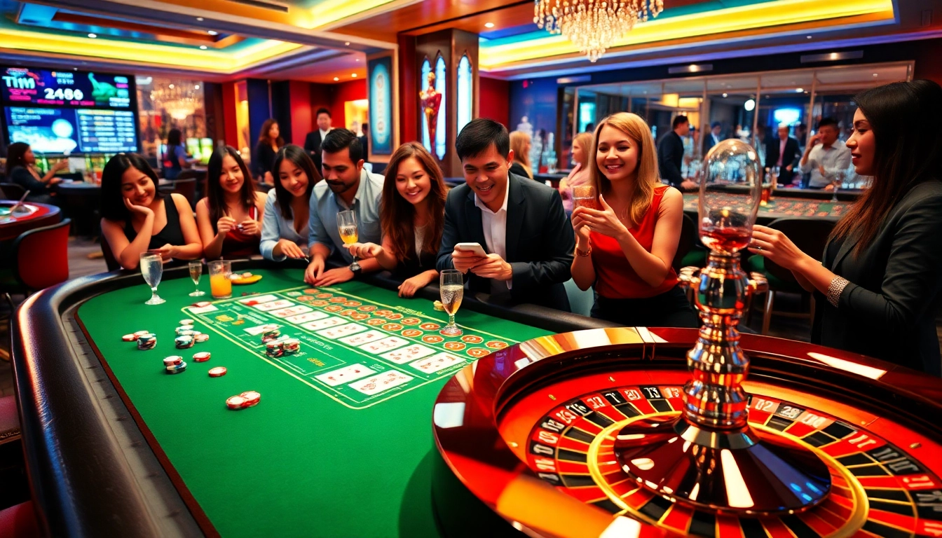 Players enjoying a thrilling game at the tk88 casino table, showcasing cards, chips, and a roulette wheel.