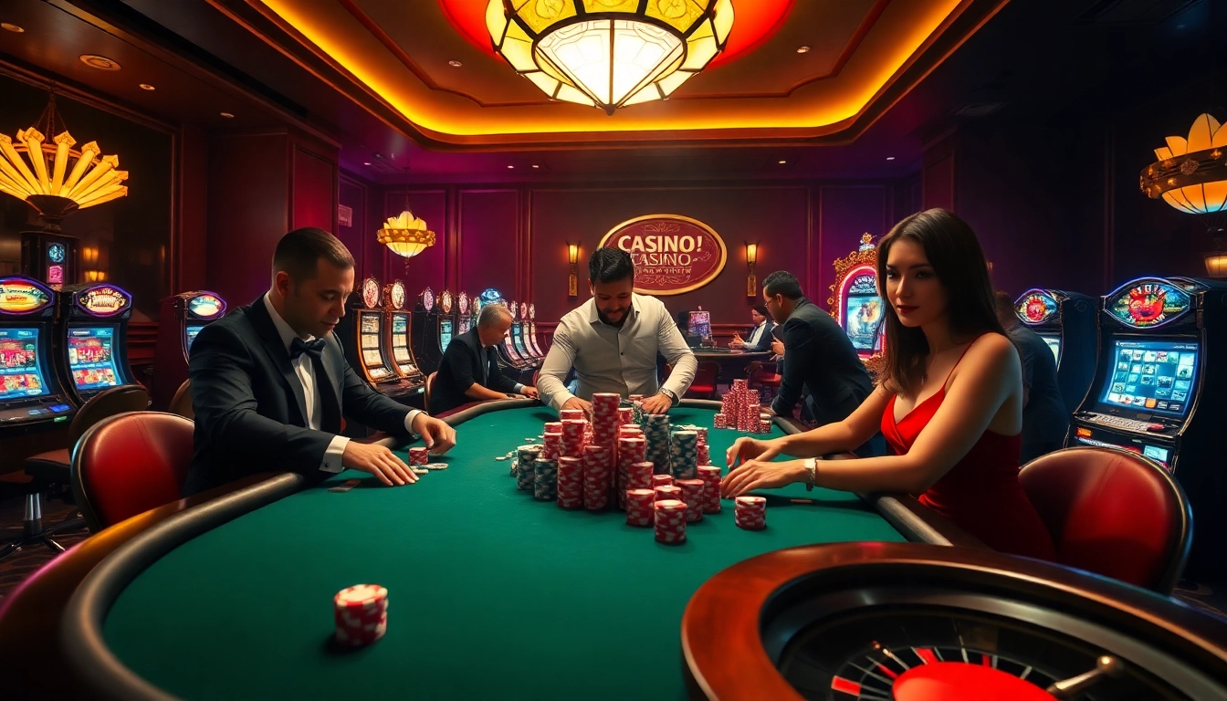 Engaging atmosphere at a casino featuring toptruyen poker players strategizing.