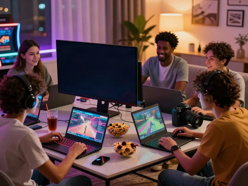 Friends enjoying a gaming session at a non gamstop casino with vibrant lights and snacks.
