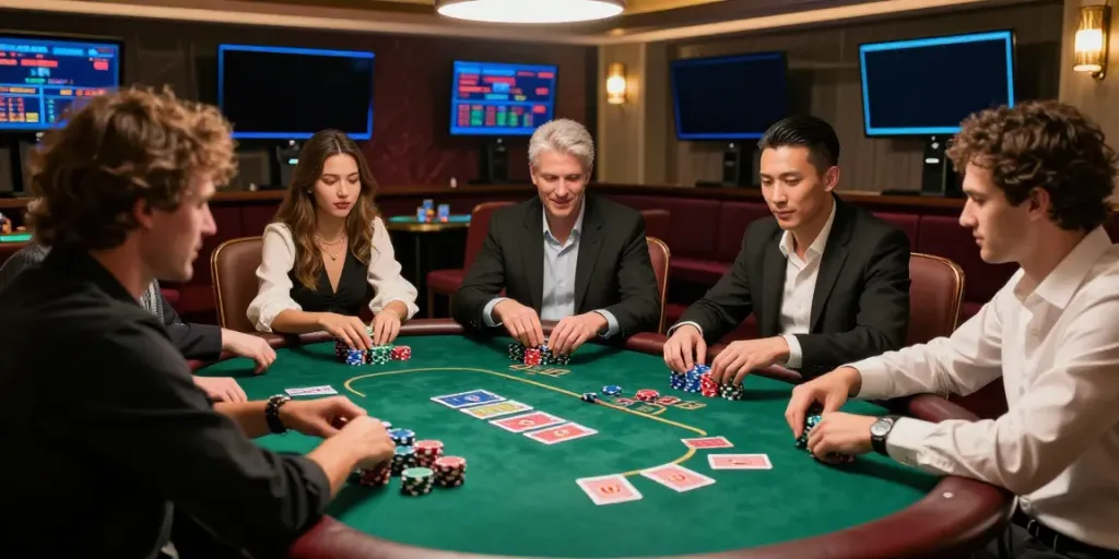 Engaged players at a non gamstop casino poker table, vibrant atmosphere and exciting decor.