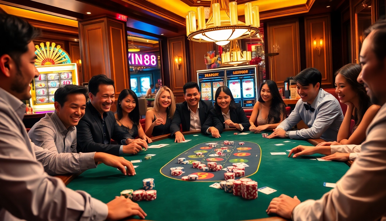 Excited players at the xin88 casino table enjoy high-stakes betting with vibrant poker chips.