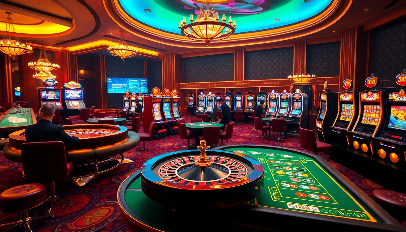 Vibrant casino scene with a roulette wheel, poker tables, and slot machines, representing https://nk88bet.org/.