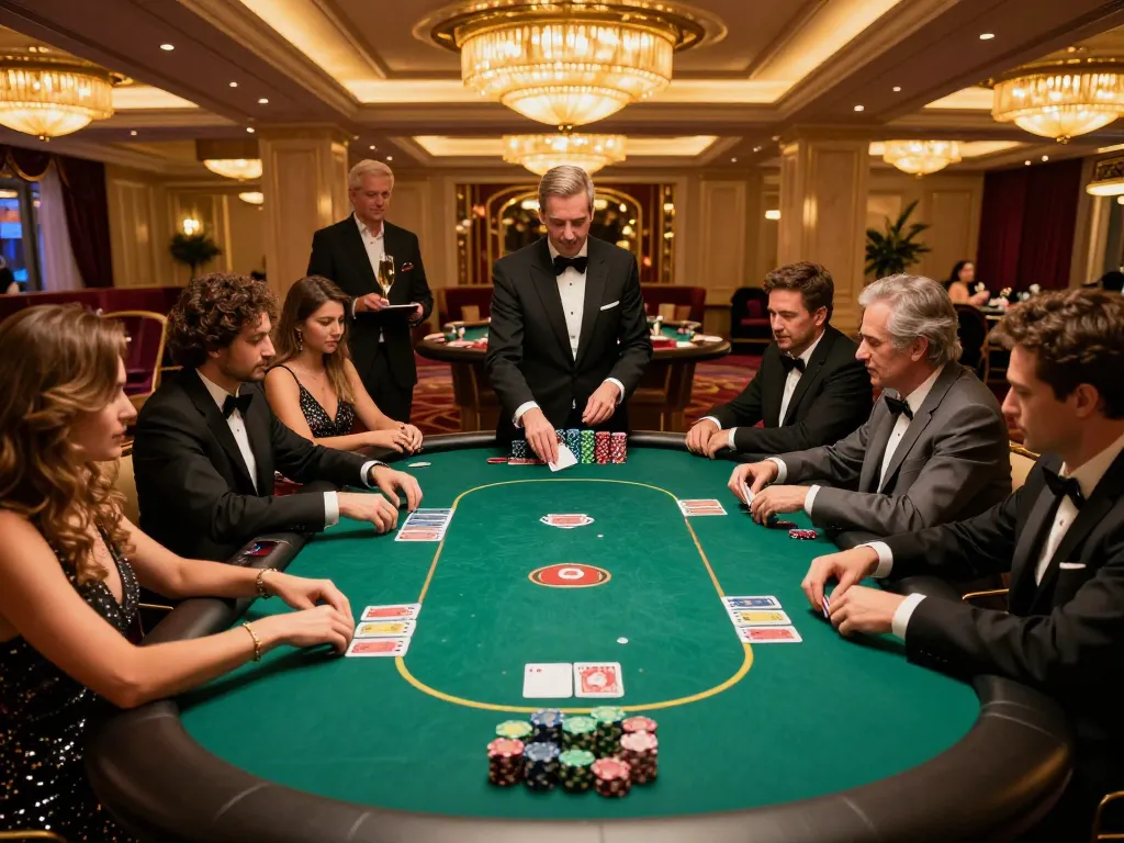 High-stakes poker game in luxurious casino setting, players engaged in strategy at a xi88 table.