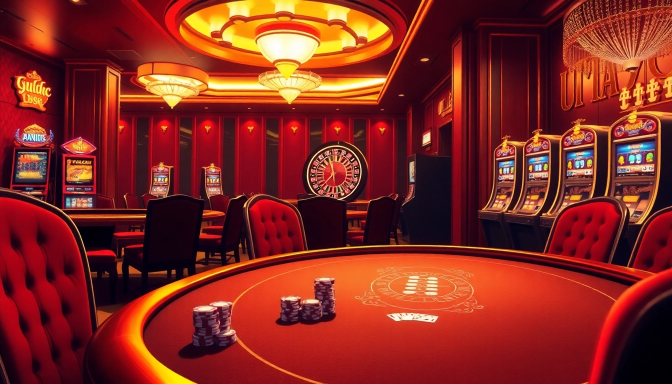 Experience thrilling gameplay at UU88 with a luxurious casino scene, featuring poker tables and vibrant slot machines.
