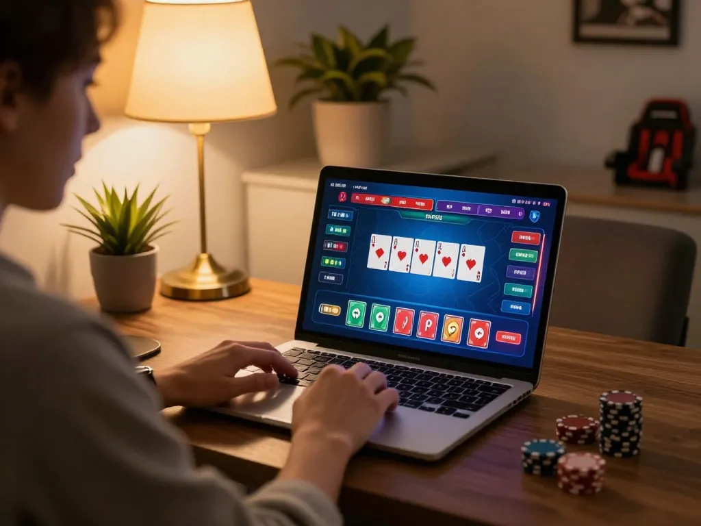 Player engaging in online poker at home while using xx88 for thrilling gaming experience