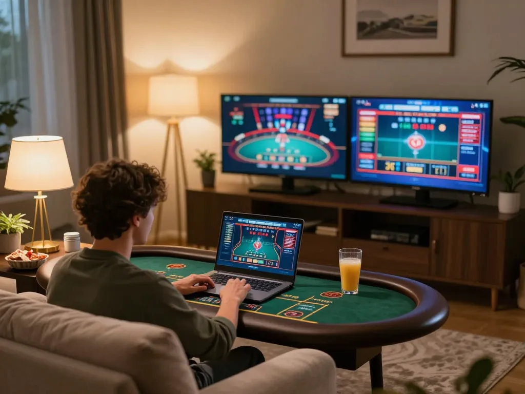 X88 player enjoying a live dealer game on laptop in a cozy home setting, promoting responsible gaming practices.