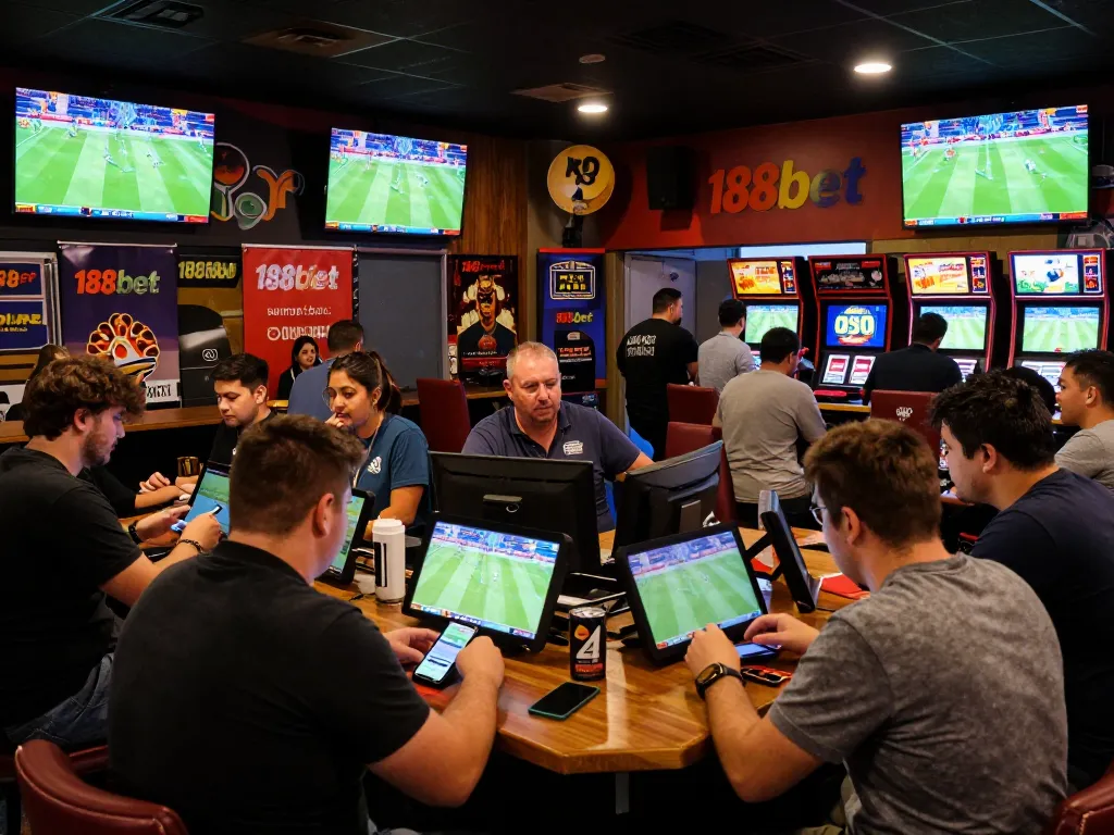 Excited patrons engaging in sports betting at a lively venue showcasing 188bet on screens.