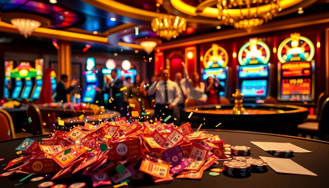 Celebration of the explosion of a prize-winning lottery alongside exciting casino activities.