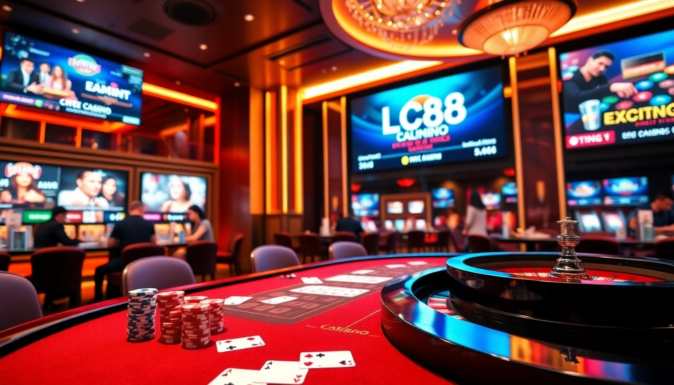 Engaging gameplay at LC88 casino with poker chips and cards on the table.