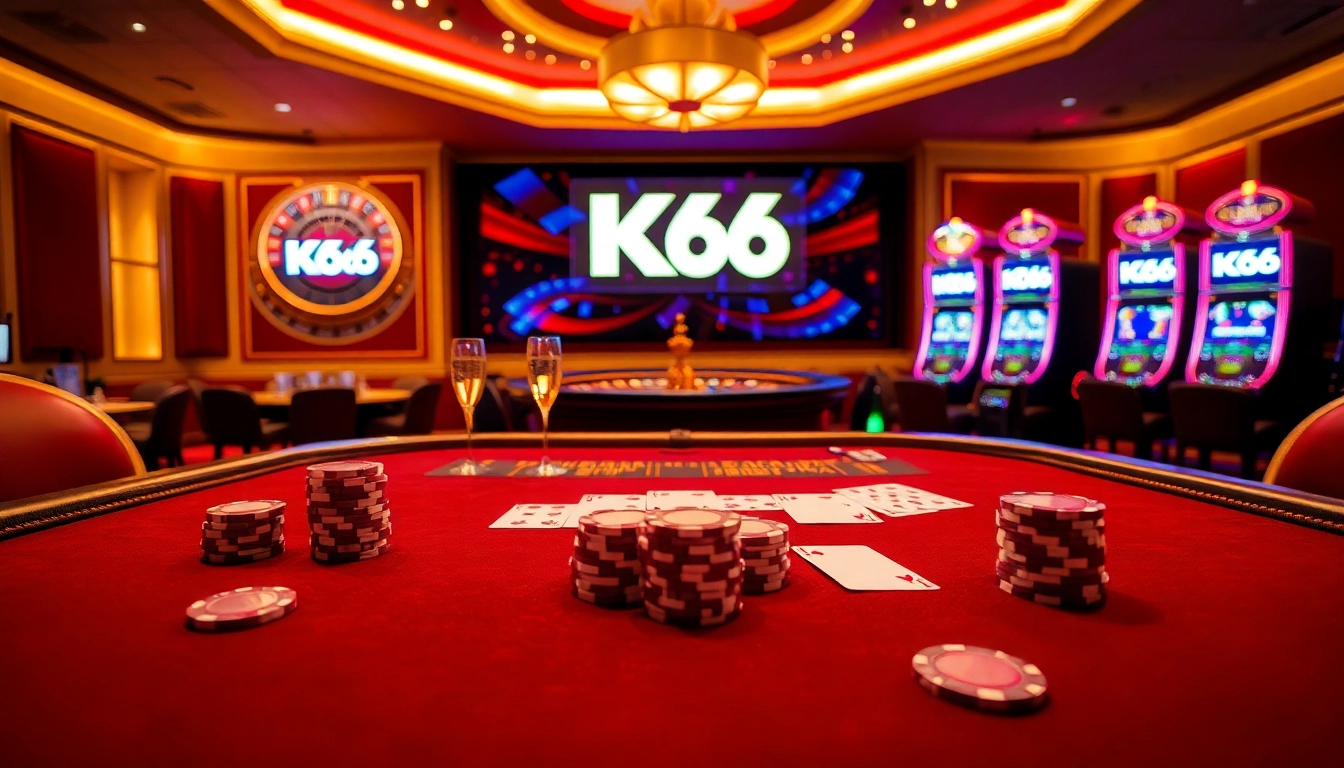 Cảnh casino KO66 với bàn blackjack sang trọng, chip đầy màu sắc và không khí xa hoa.
