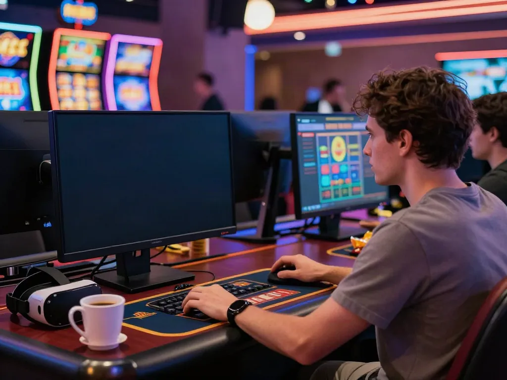 Player enjoying games at a non Gamstop casino, with vibrant screens and cozy atmosphere.