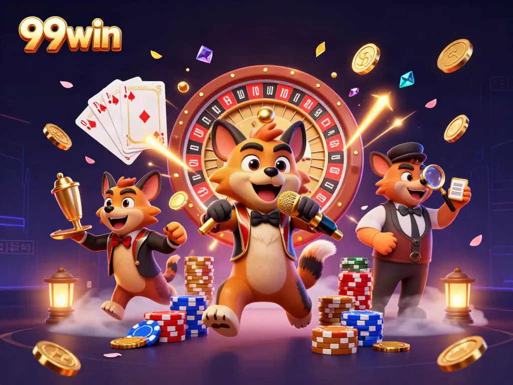 Experience the vibrant excitement of 99win with a lively casino scene featuring hyenas as entertainers.