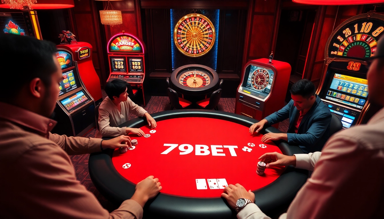 Players enjoying a lively poker game at the 789BET casino table, showcasing excitement and engagement.