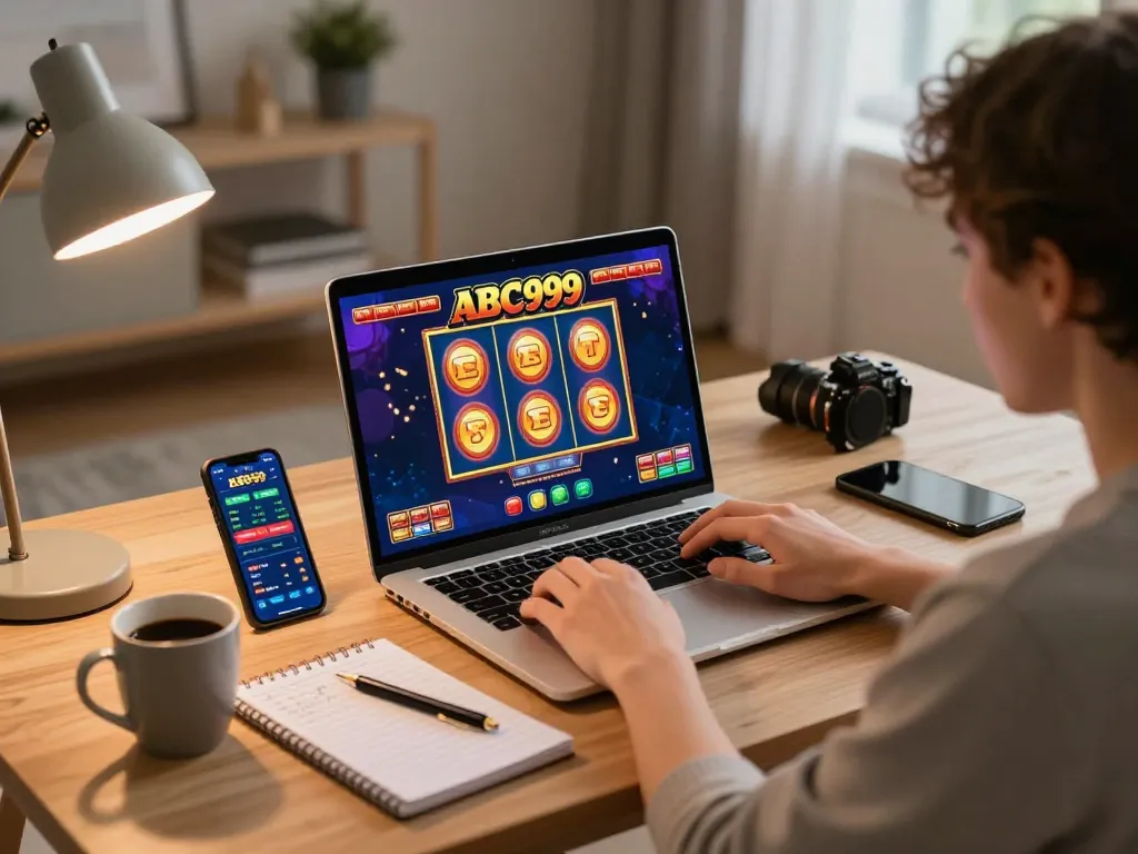 Player enjoying a dynamic slot game at ABC999 casino on a modern laptop in a cozy home setting.