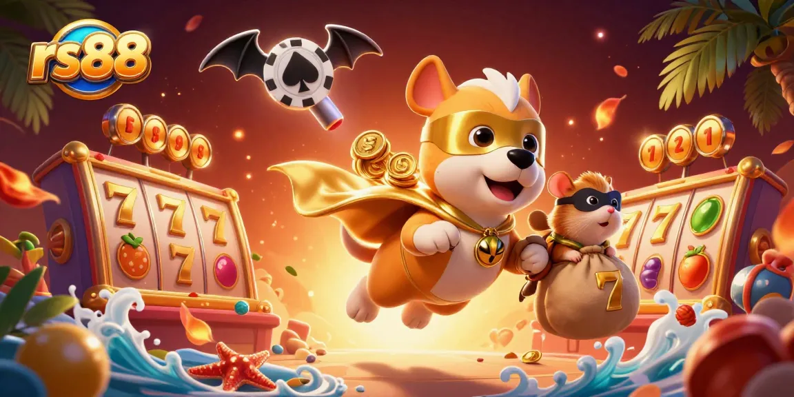 Experience excitement with the superhero dog and hamster at rs88, alongside vibrant slot game elements.