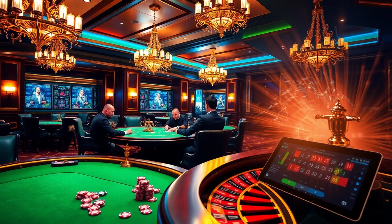 KJC poker players strategizing at an elegant casino table during an intense game.