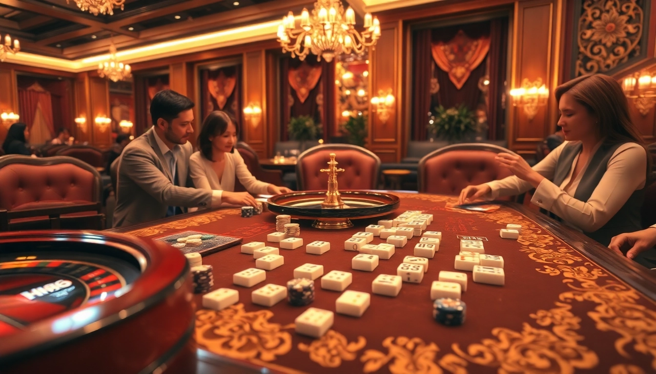Play casino games with HM88 tiles on a luxurious mahjong table in an upscale setting.