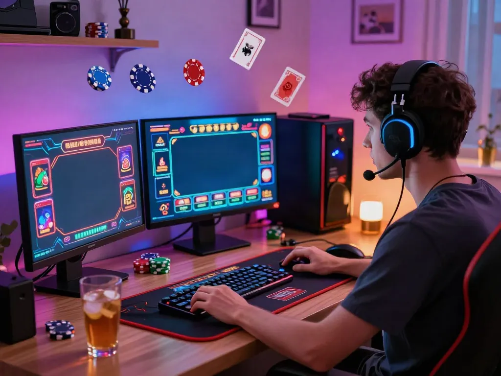 Player enjoying a non gamstop casino game in a cozy home office.