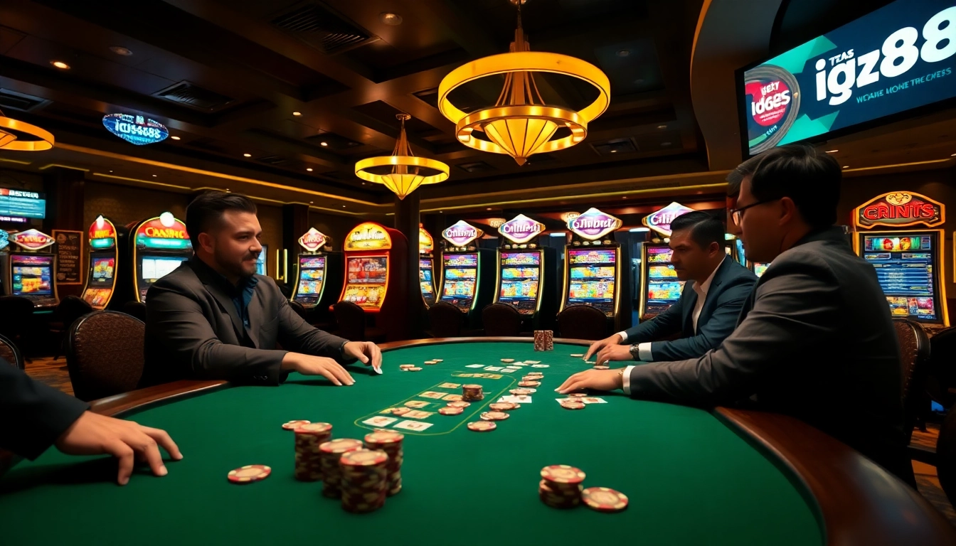 Players enjoy high-stakes poker at iq88 casino, surrounded by vibrant slot machines and vibrant lights.