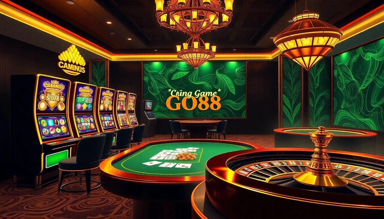Cổng Game GO88 offers an exciting casino atmosphere with vibrant slot machines and engaging poker tables.