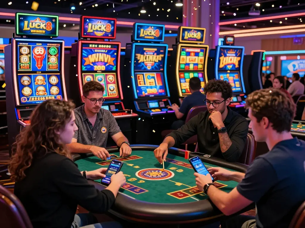 Luck8 online casino gaming scene with players enjoying diverse games, vibrant atmosphere, and rich lighting.