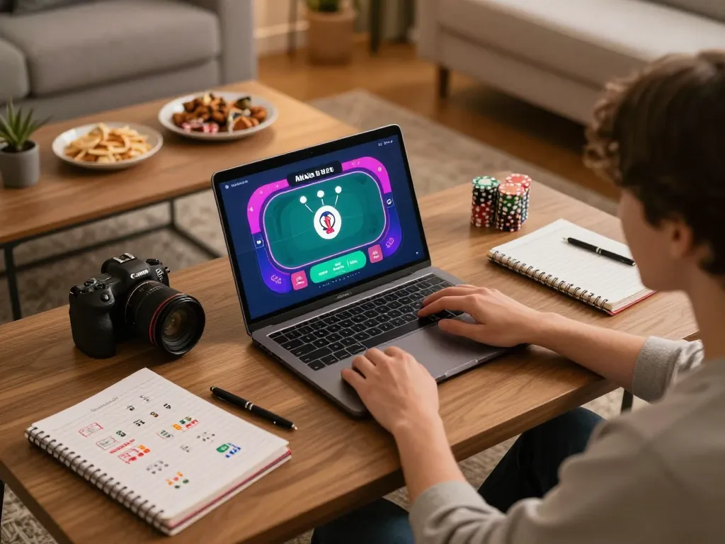 Engaging in strategic gameplay on vip79 with a laptop, betting notes, and snacks.