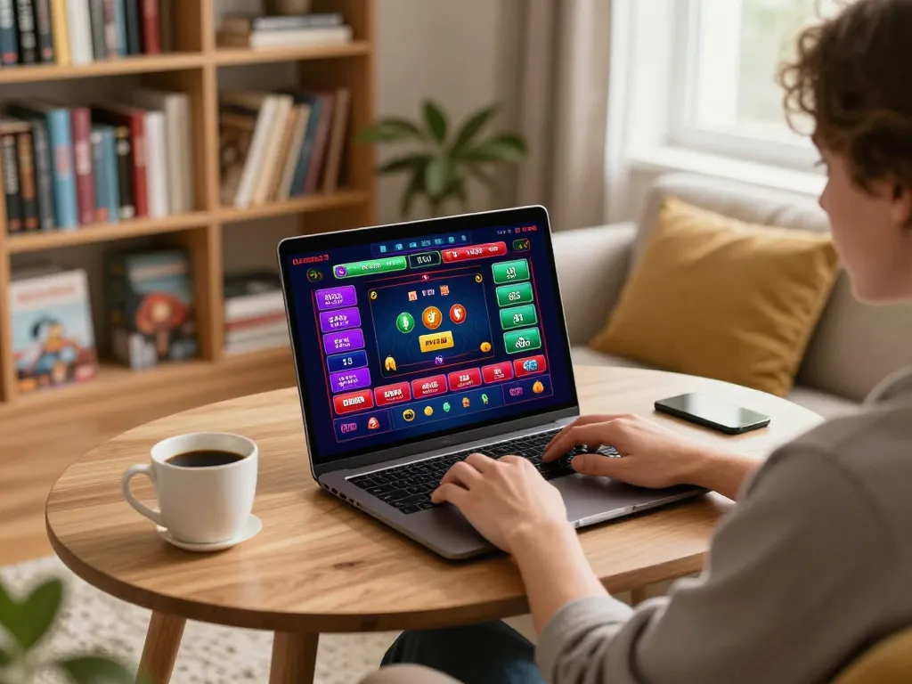DOLA789 user engaged in online casino gaming at home, showcasing strategic gameplay on a laptop.
