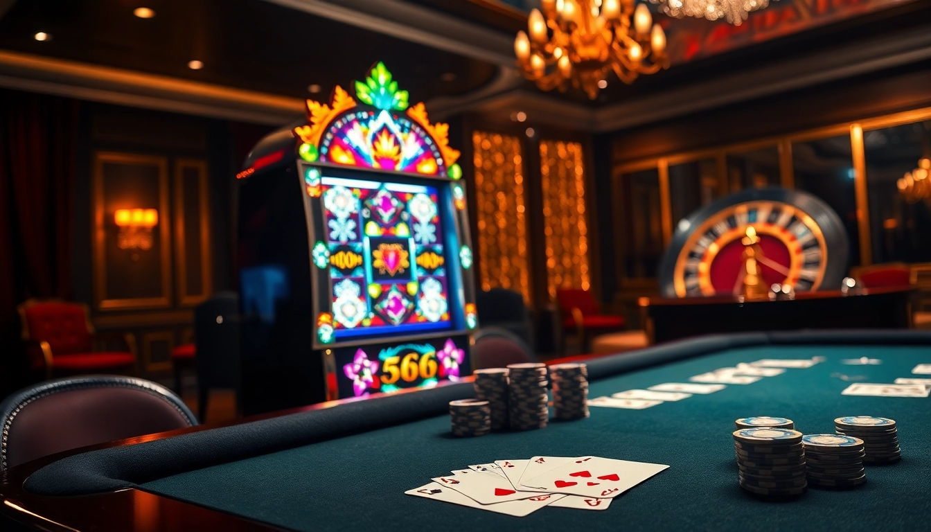 Experience the thrills of s666 with an elegant casino setting featuring vibrant slot machines and poker tables.