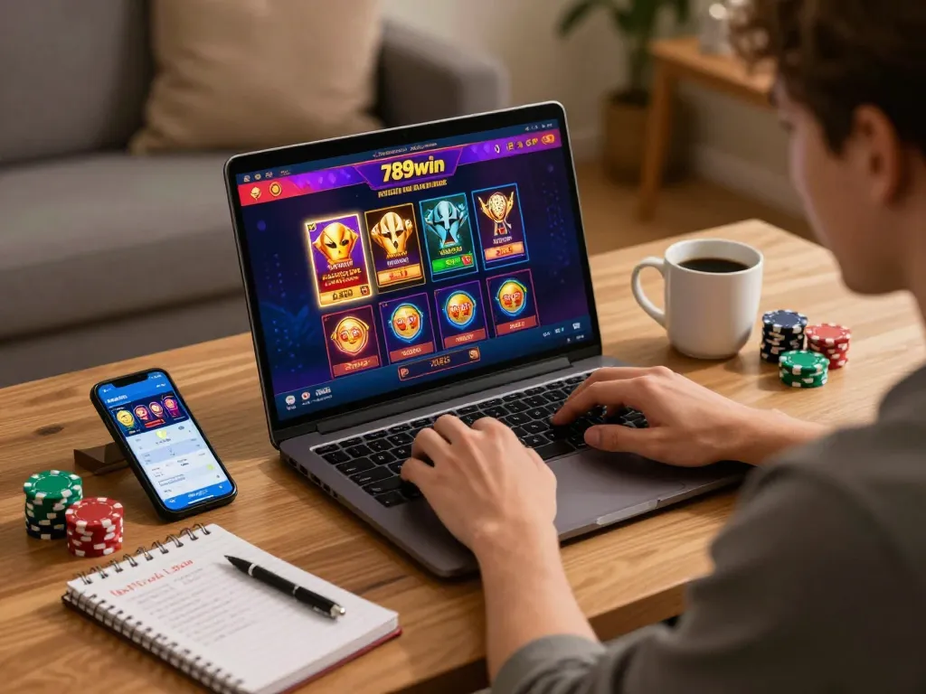 Engaging online gaming experience on 789win with laptop and smartphone setup