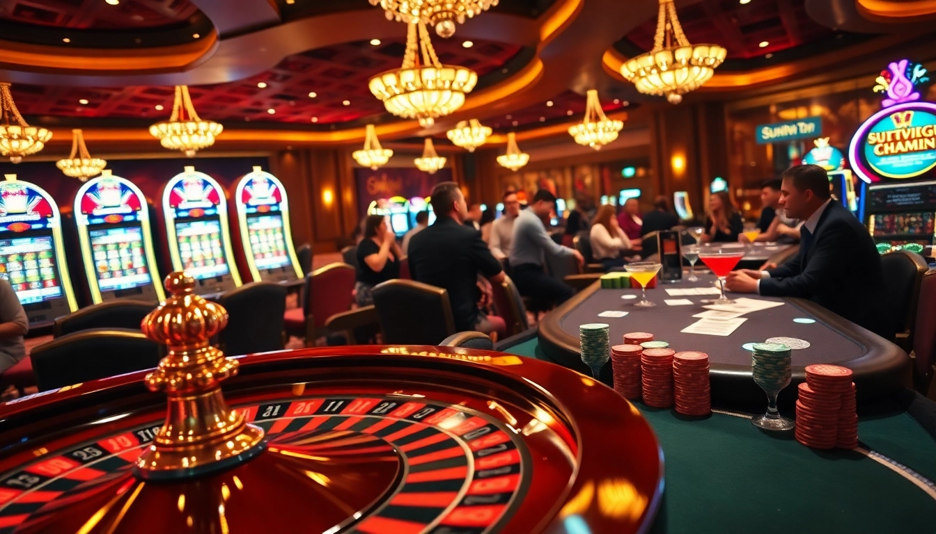 Experience the thrill of gambling with sunwin at a vibrant casino scene featuring tables and excitement.