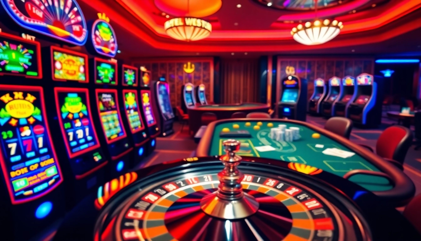 Experience the thrill of winning at WE88 with vibrant slot machines and an elegant roulette wheel.