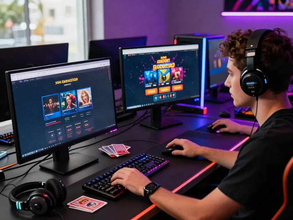 Engaged gamer exploring non Gamstop casino options at a modern setup.
