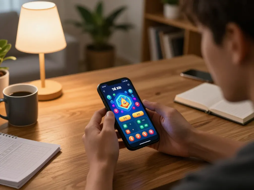 Tài xỉu uy tín gameplay on a mobile device, showcasing vibrant app interface and player interaction in a cozy home setting.