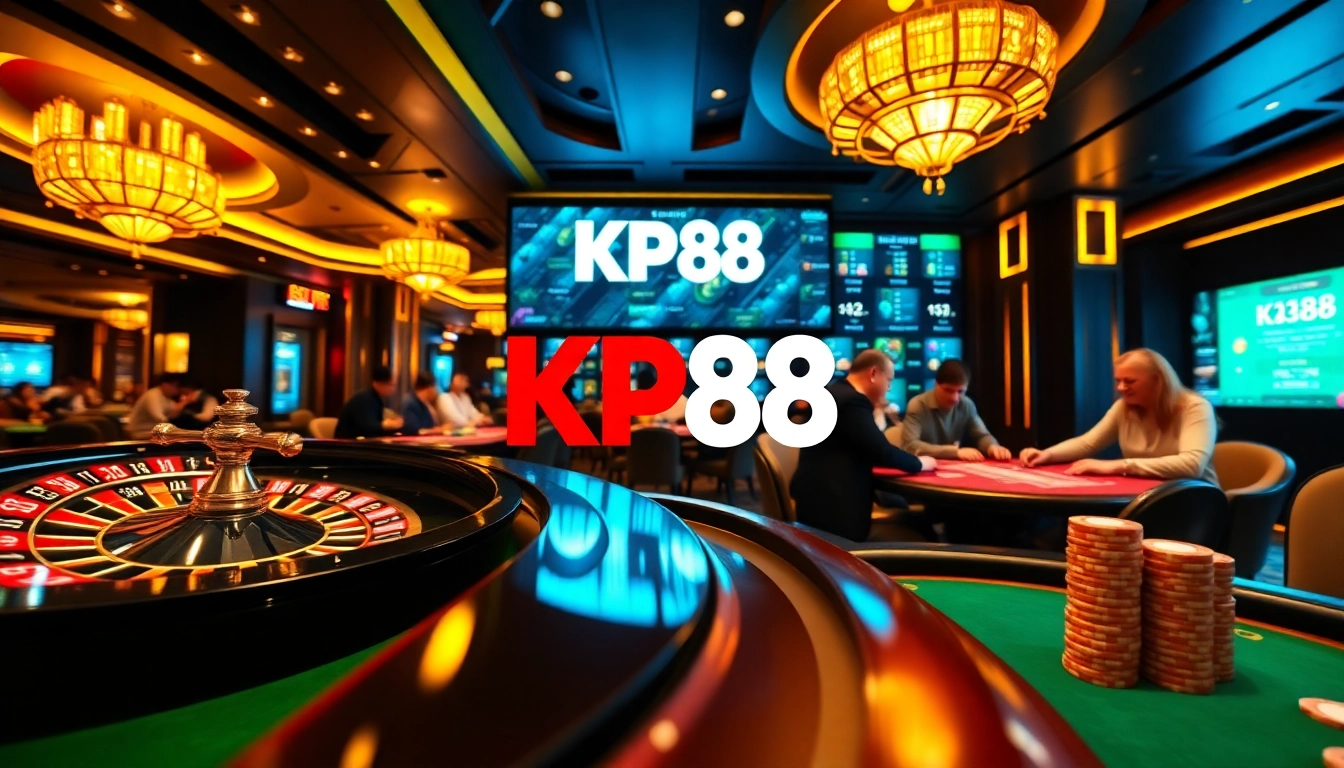 Engage in thrilling gambling action at KP88 with an exciting casino scene featuring roulette and poker.