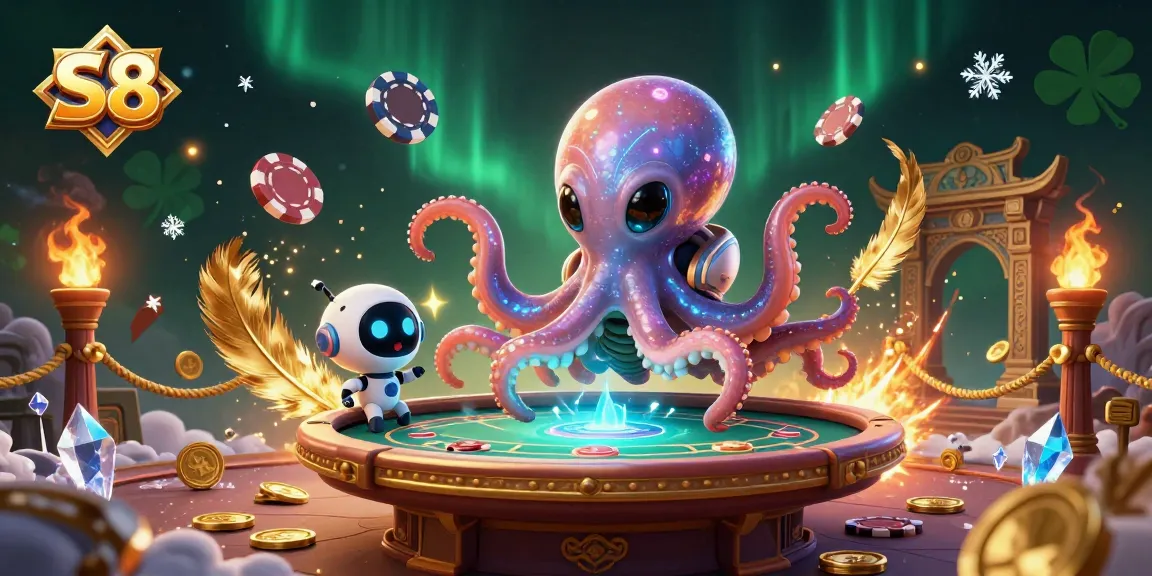 S8 showcases an alien octopus at a holographic poker table, surrounded by gaming elements in a cosmic casino.