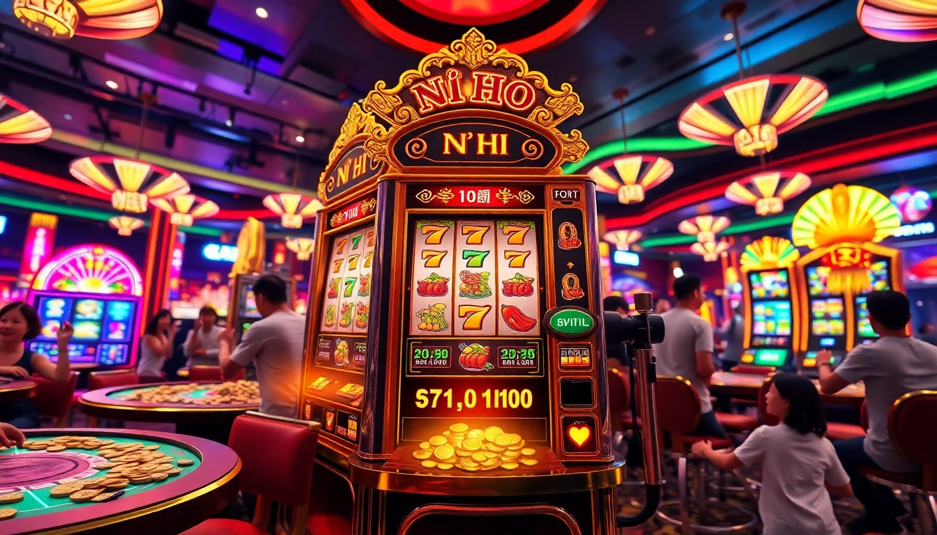 Nổ Hũ slot machine spinning with colorful graphics and excited casino atmosphere around.